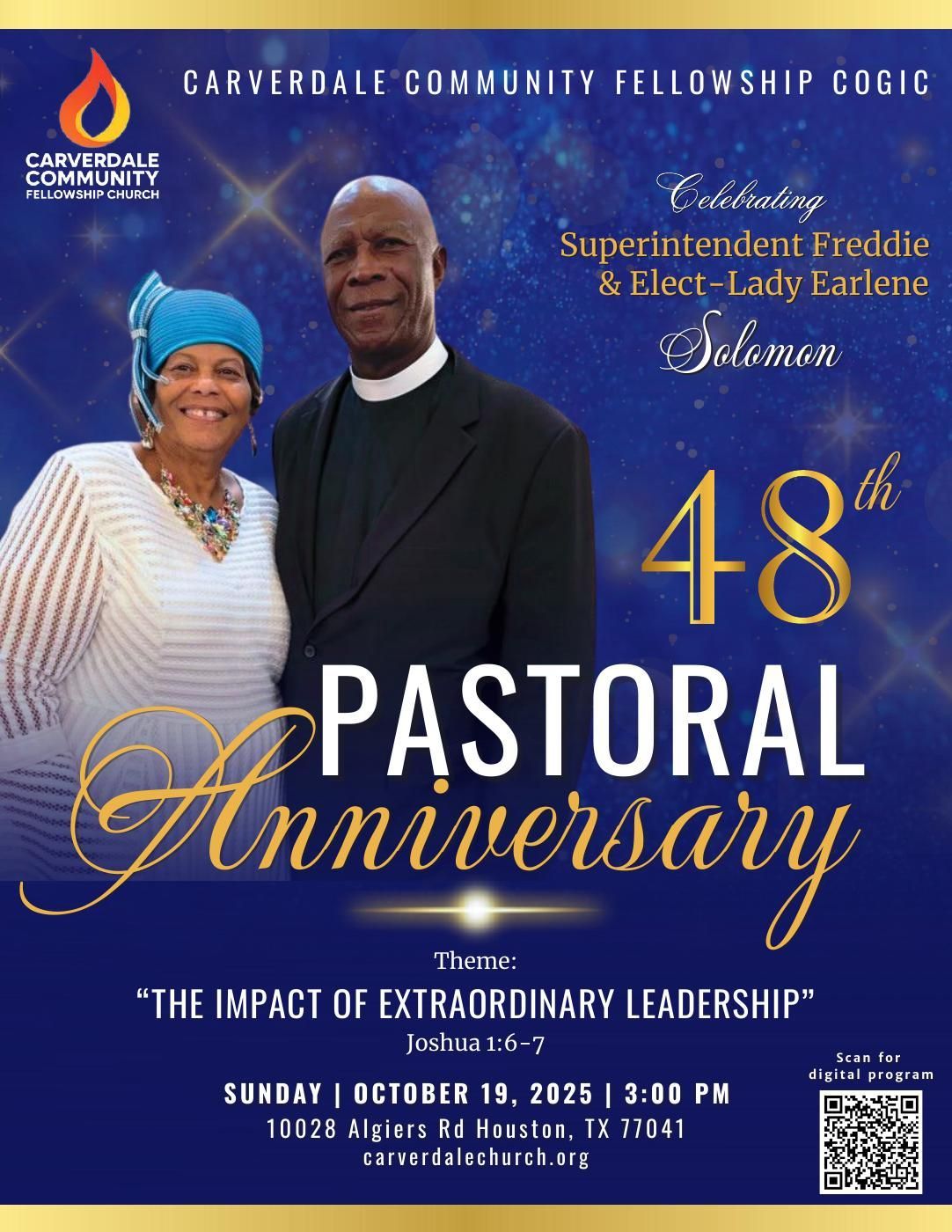 48th pastoral anniversary program cover for Carverdale Community Fellowship COGIC, on a blue-gold background