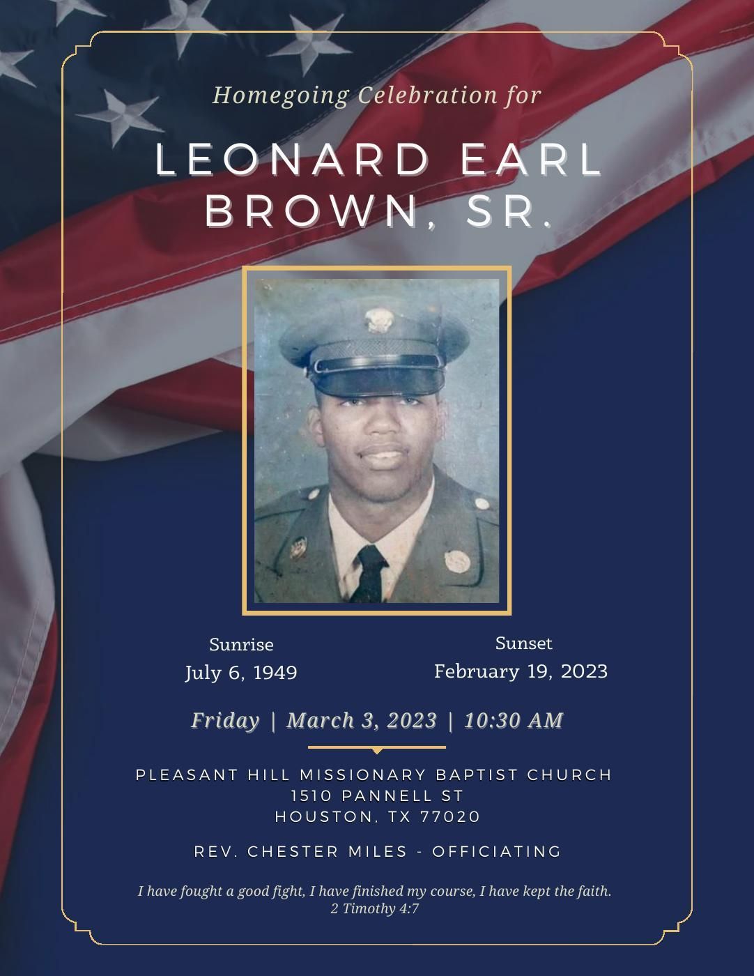 Obituary program cover for veteran Leonard Earl Brown, Sr., with photo and service details in red, white, and blue with gold.