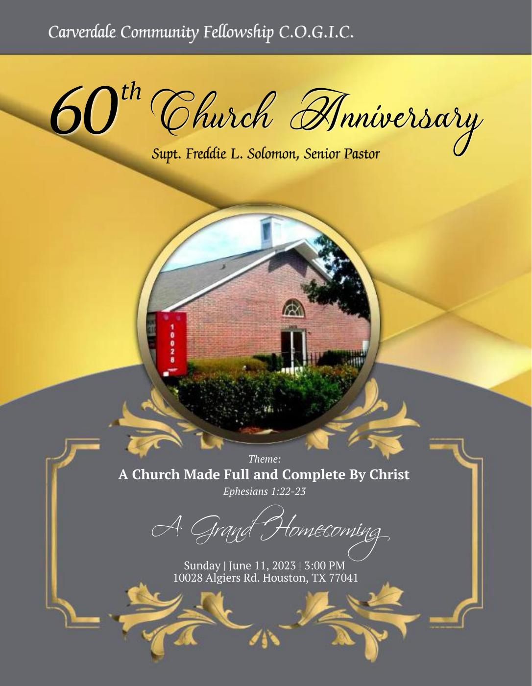 Church anniversary flyer: gold and gray design with building photo, text 