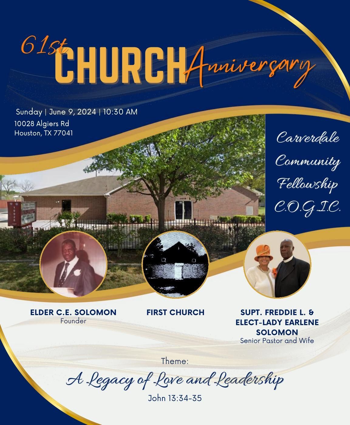 Church anniversary announcement with photos, building, and text overlay.