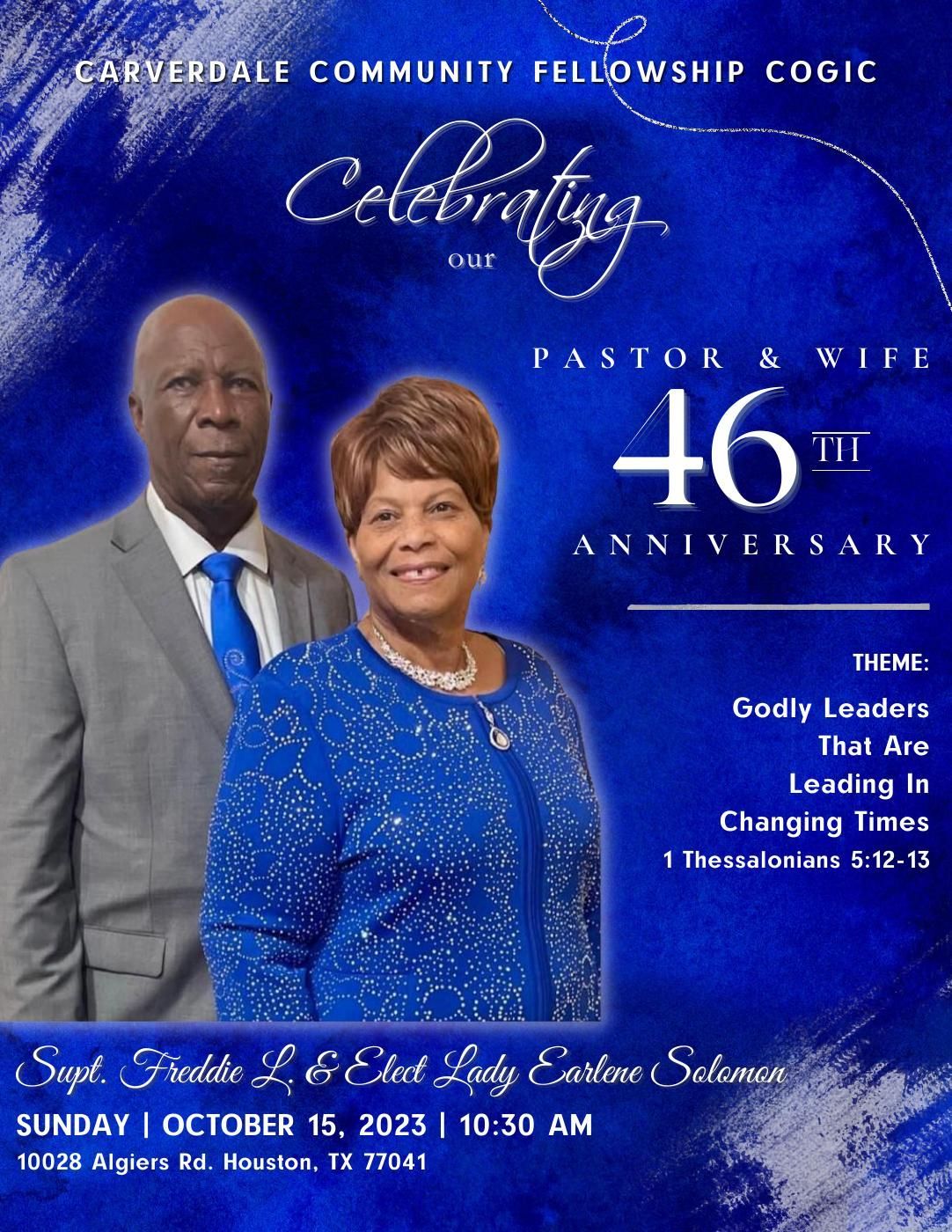 Poster celebrating a pastor and wife's 46th anniversary. Blue background with couple's photo and event details.