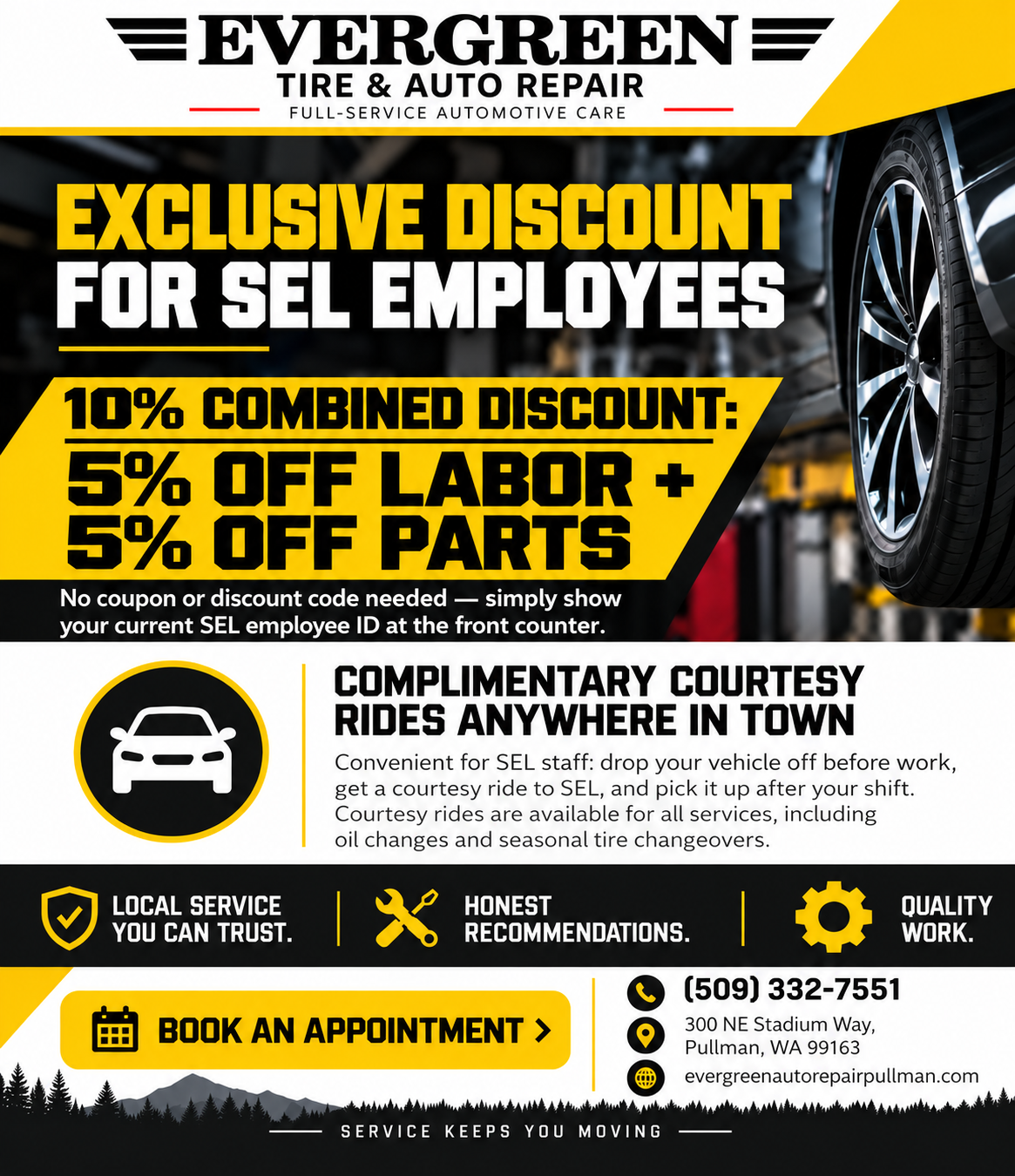 SEL employee discount at Evergreen Tire & Auto Repair: 5% off labor and 5% off parts, with complimentary courtesy rides.