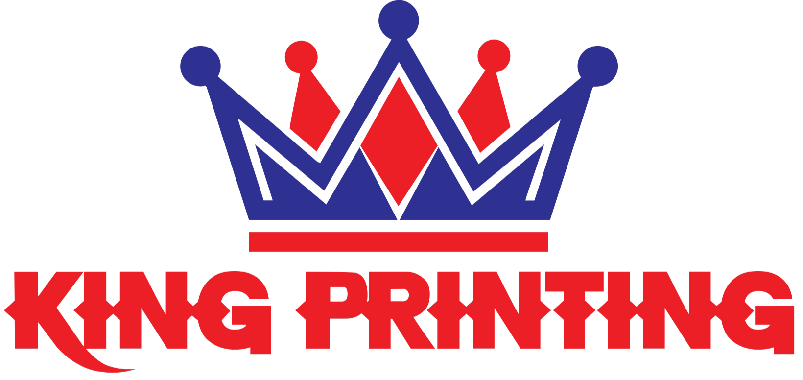 King Printing logo with a red and blue crown above bold red text