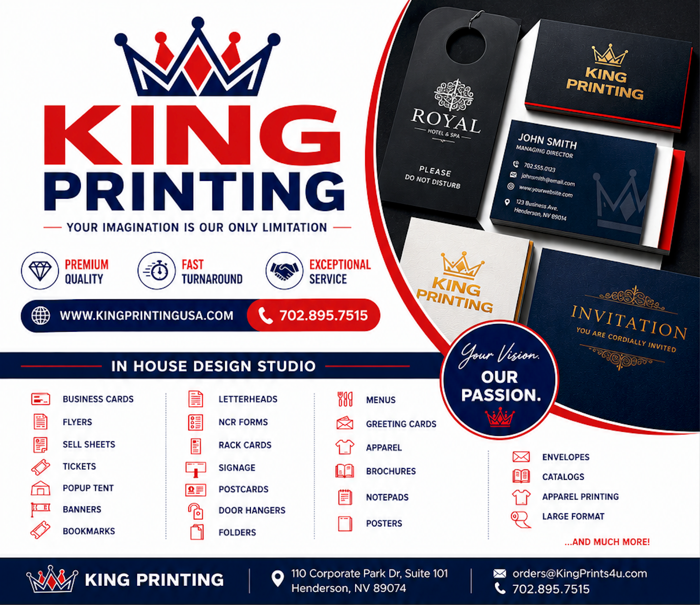 King Printing promo banner with red and blue logo, business cards, and in-house design studio services