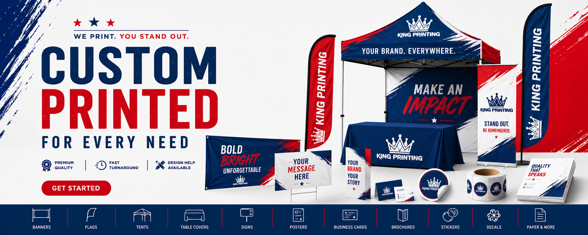 Custom printed promotional products displayed on a blue-and-white website banner with tent, mugs, and bags
