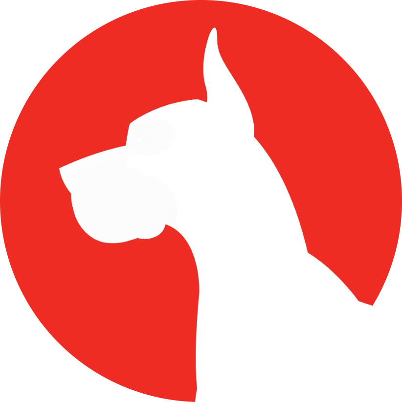 A dog with a leash around its neck is in a red circle.