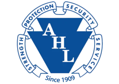 Blue and white security logo with 