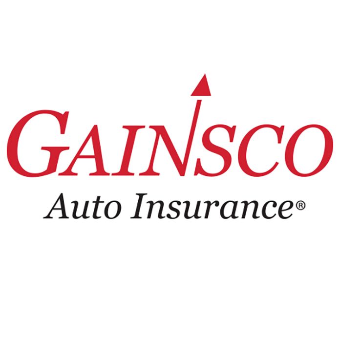 GAINSCO Auto Insurance logo in red text with an upward-pointing arrow. The tagline 