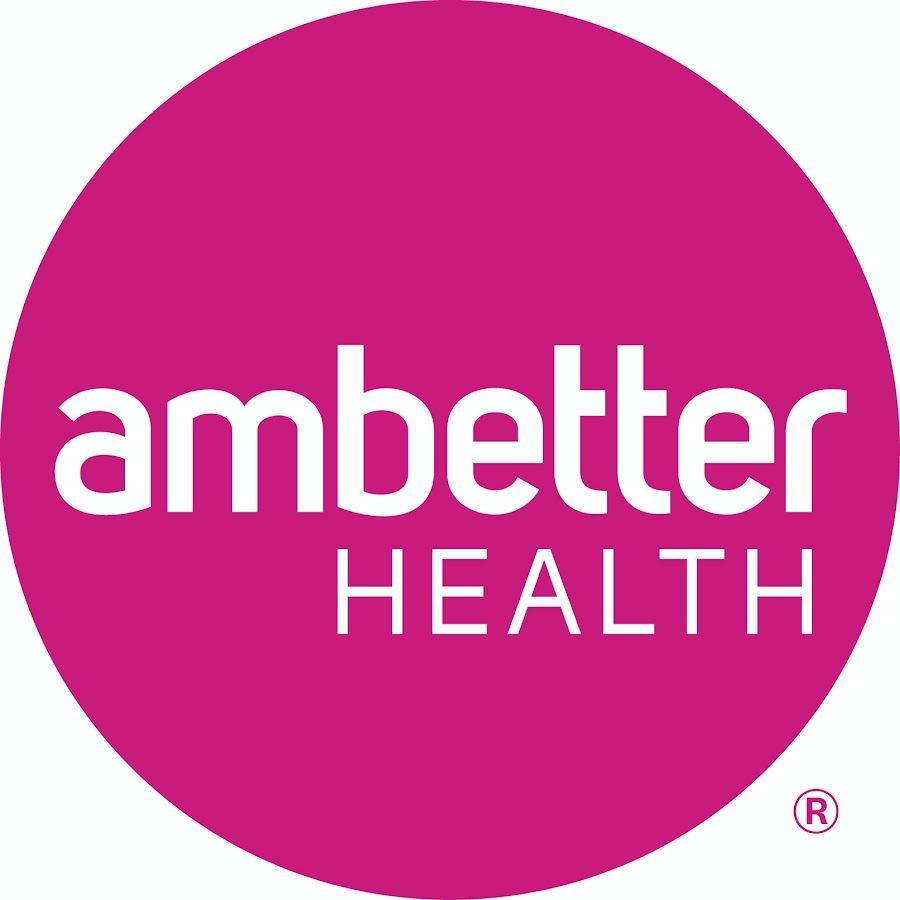 Ambetter Health logo within a pink circle. White text reads 