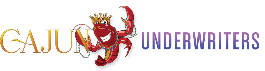 Logo for Cajun Underwriters: a red crawfish wearing a crown, with the company name beside it.