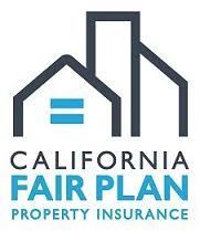 California Fair Plan logo: stylized house silhouettes, blue and gray, with text 
