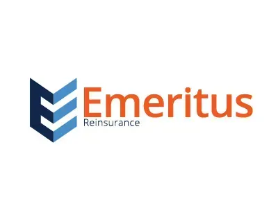 Logo of Emeritus Reinsurance: blue and orange geometric 