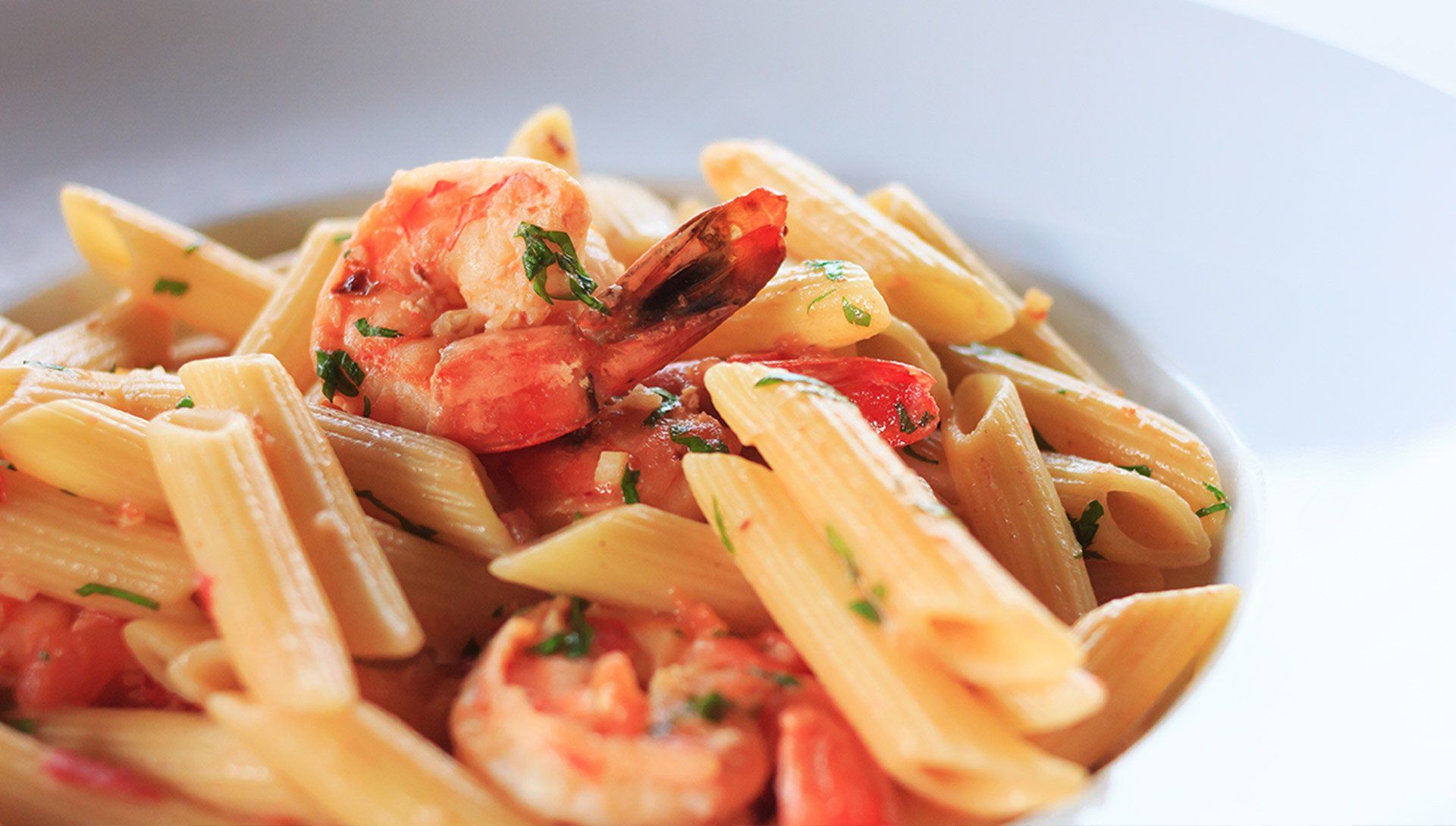 Macro shot of penne with shrimps and garlic on white plate.