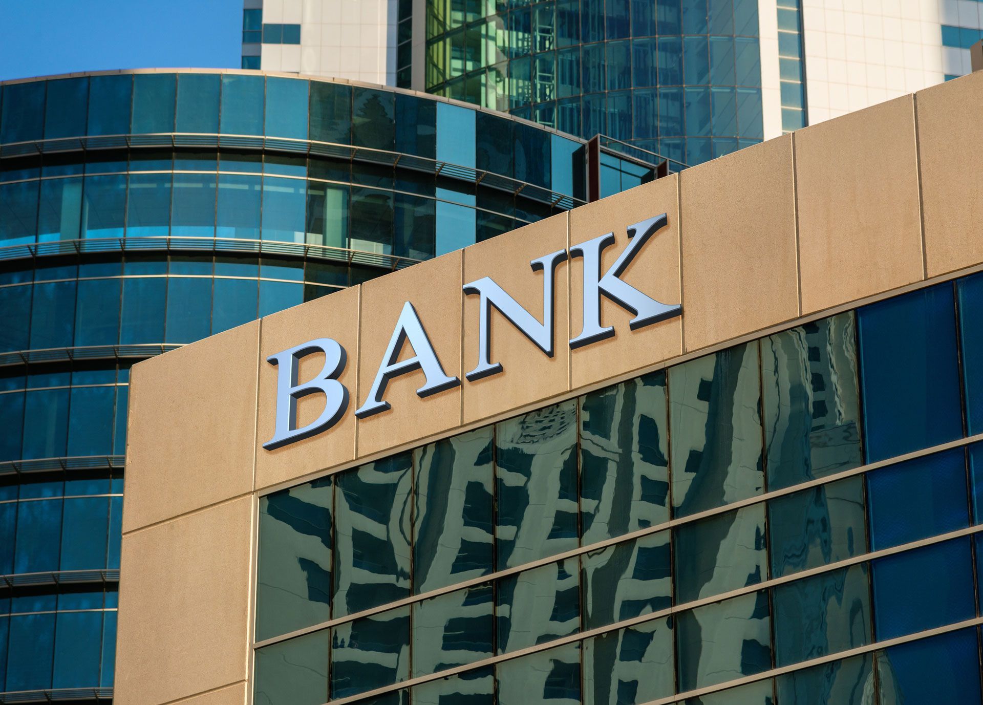 The word bank is on the side of a building