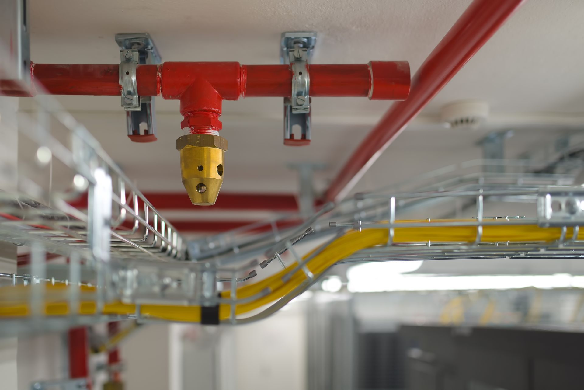 Fire suppression system nozzle and piping installed in a building’s ceiling. Fire suppression system nozzle and piping installed in a building’s ceiling.