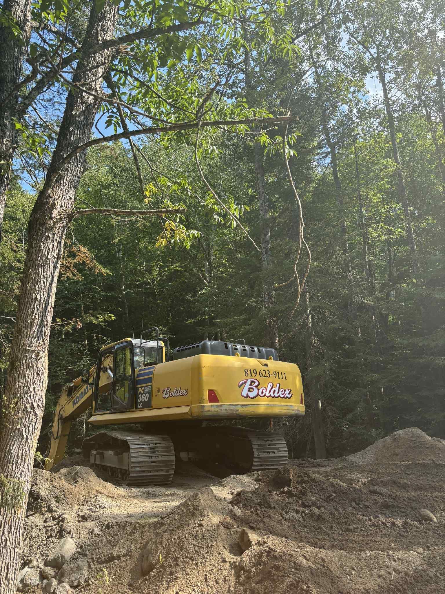 Une pelleteuse jaune creuse dans une zone boisée. Journée ensoleillée.