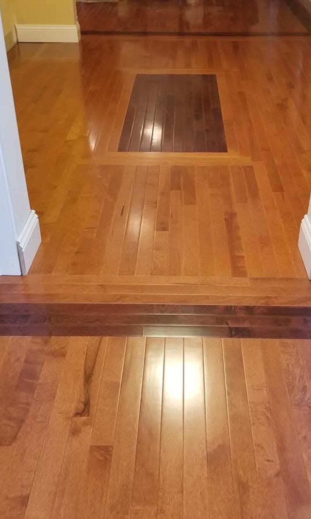 Hardwood flooring with a single darker inset board in the center and a dark wood transition strip at the step.