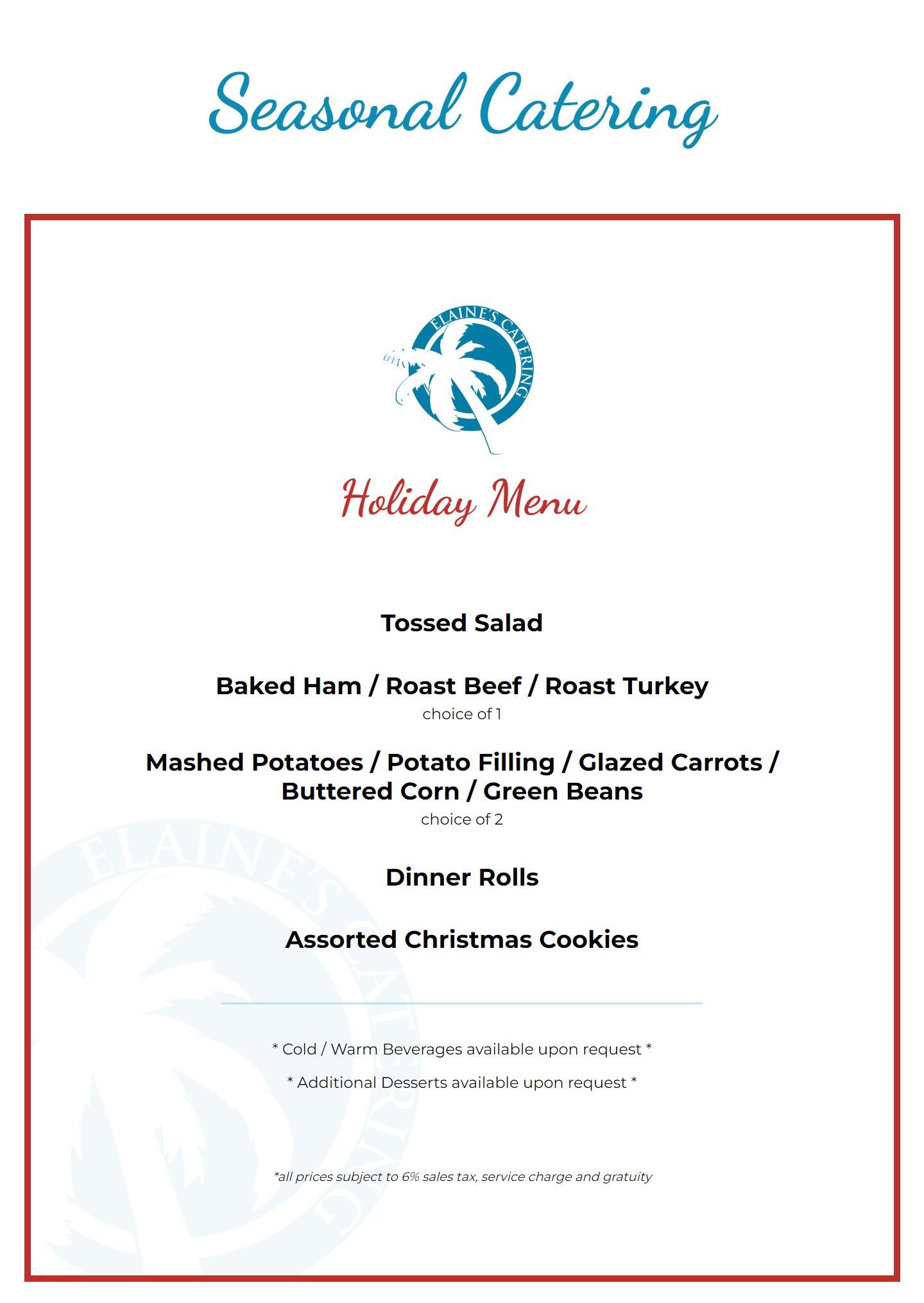 Menu Elaine's Catering Lebanon, PA