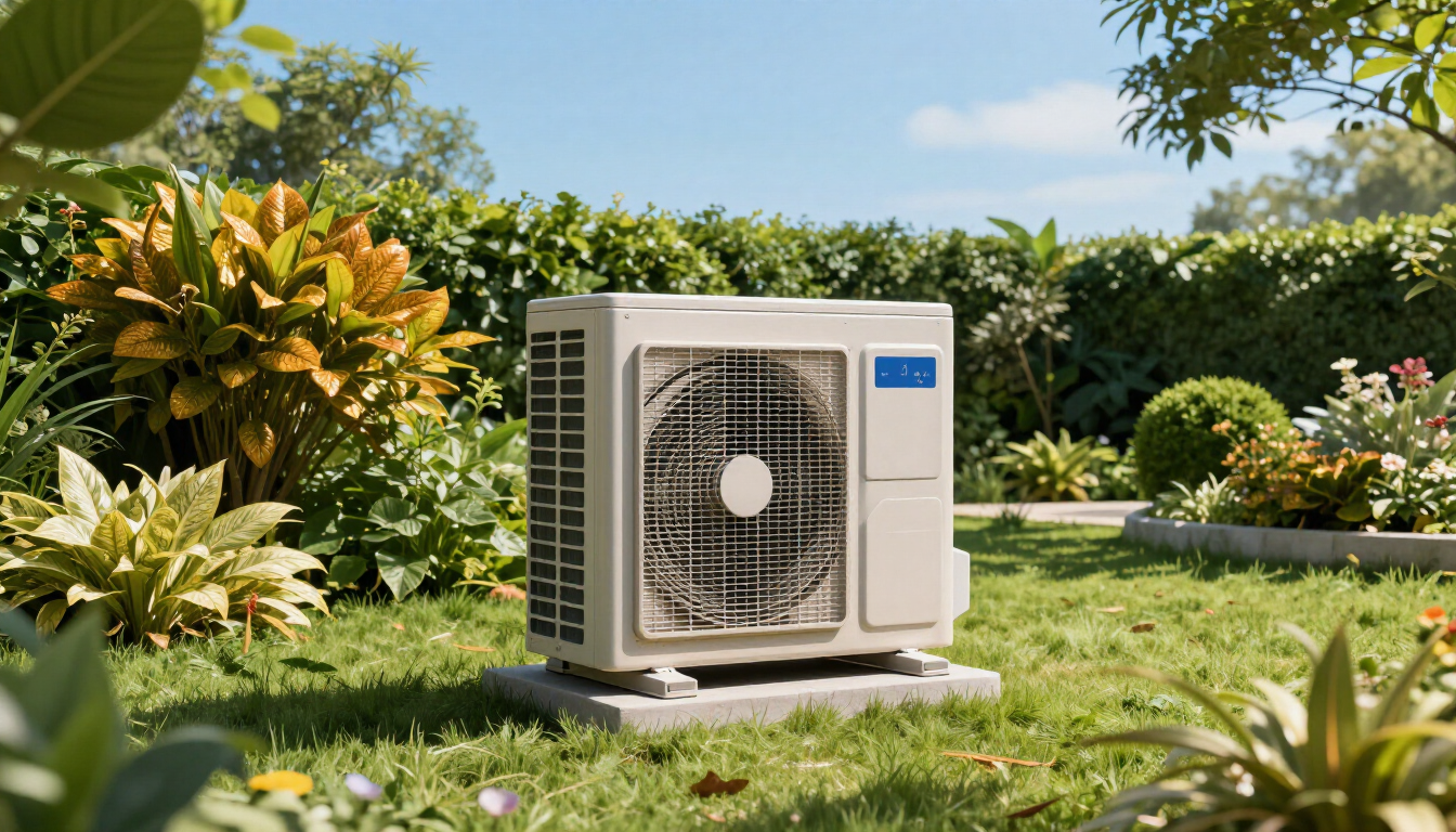 A well-maintained air conditioning unit in a residential backyard.