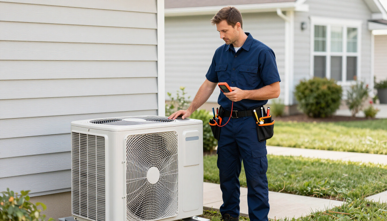 Professional HVAC technician performing preventive maintenance on an outdoor unit.