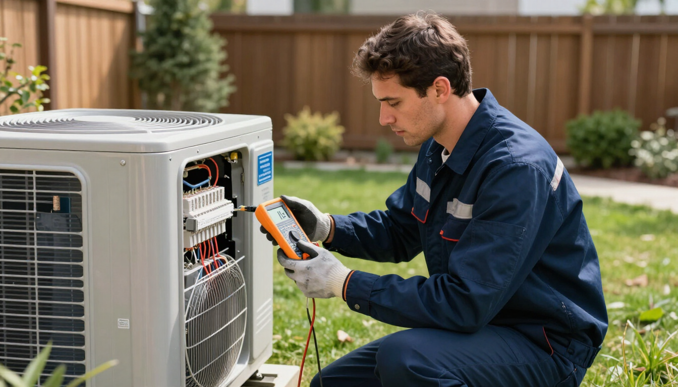 HVAC technician inspecting unit