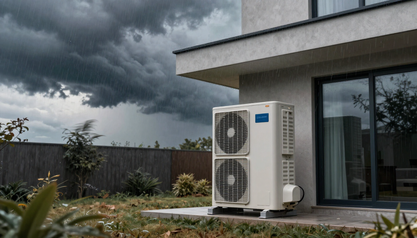 A modern HVAC unit secured against an approaching storm in Southern Maryland.