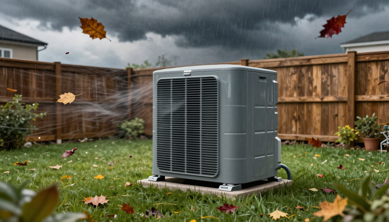 HVAC unit under dark storm clouds