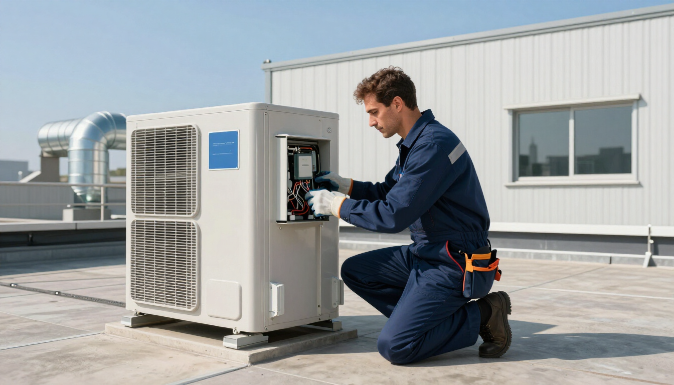 Professional HVAC technician working on a commercial heating and cooling system.