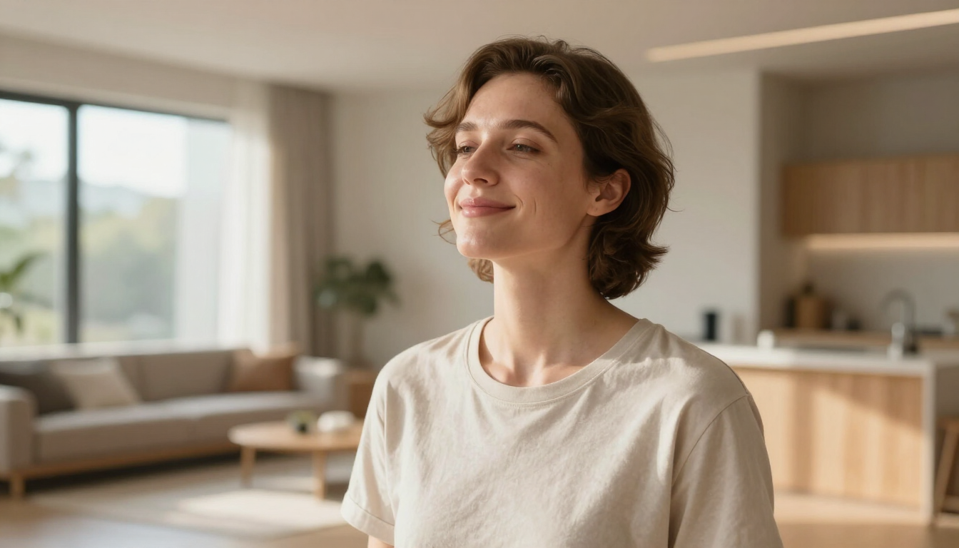 Person breathing deeply in fresh clean home