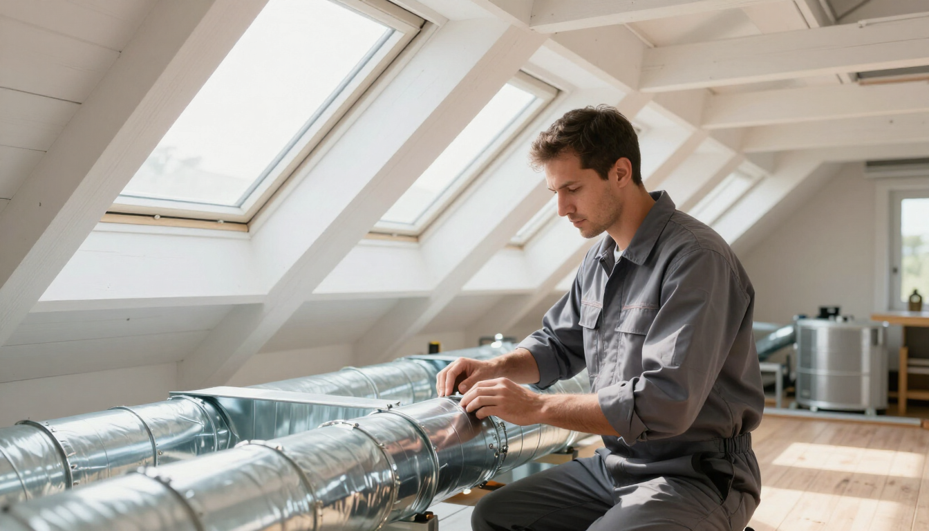 Professional HVAC technician inspecting residential ductwork in an attic.