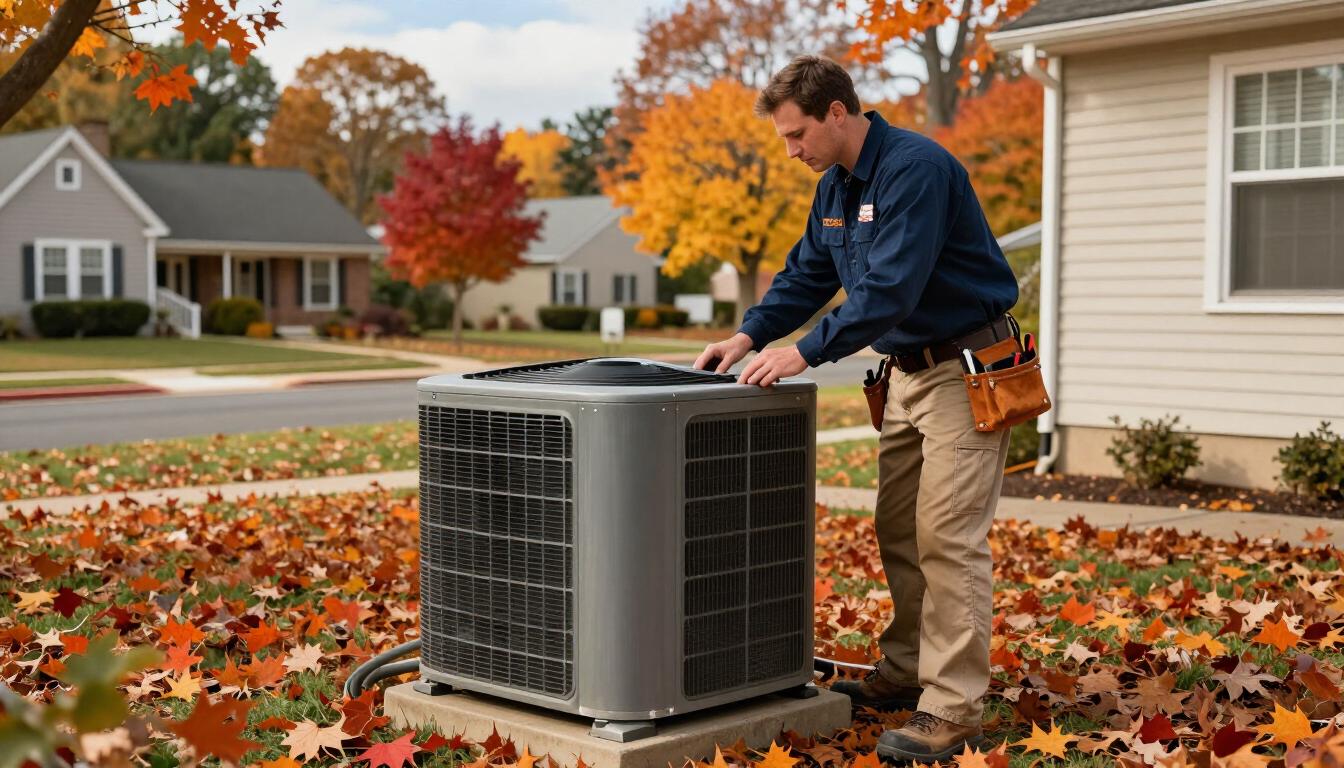 HVAC technician inspecting unit during fall season