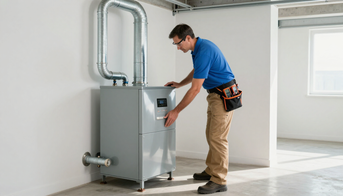 Professional HVAC technician performing a furnace tune-up.