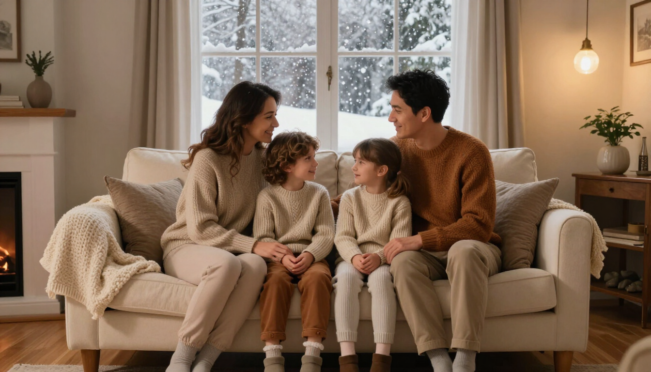 Cozy family in a warm living room