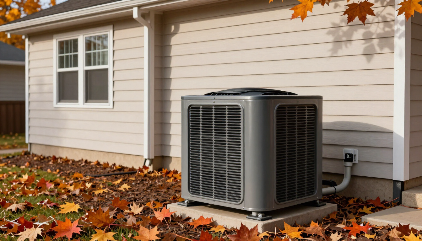 Modern outdoor HVAC unit installed at a residential home during autumn