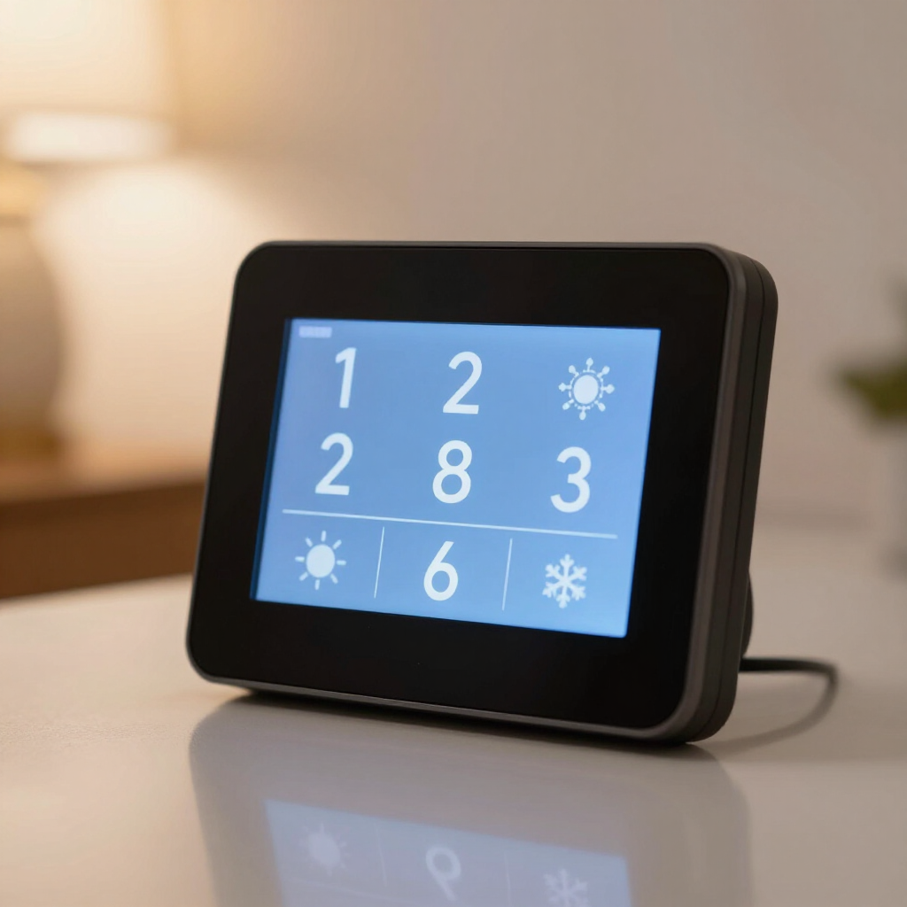 A modern programmable thermostat showing energy-saving settings for the winter season.