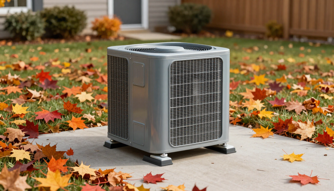 Modern HVAC unit in a residential yard during autumn with orange leaves.