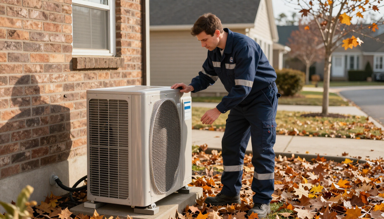 Professional HVAC technician inspecting a unit in autumn environment