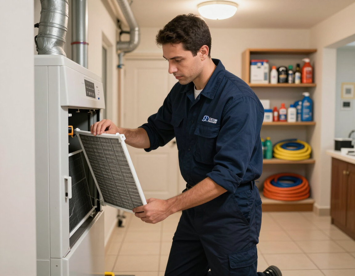 HVAC technician inspecting a furnace filter