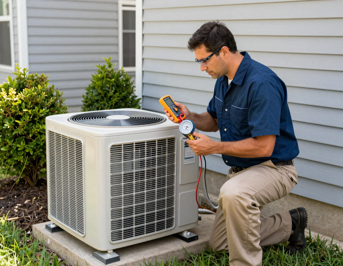 HVAC technician performing preventive maintenance on an outdoor unit