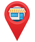 Red map pin with a storefront icon in blue and yellow inside