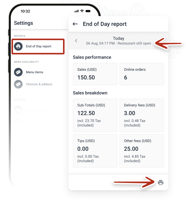 Restaurant online order taking app, end of the day report