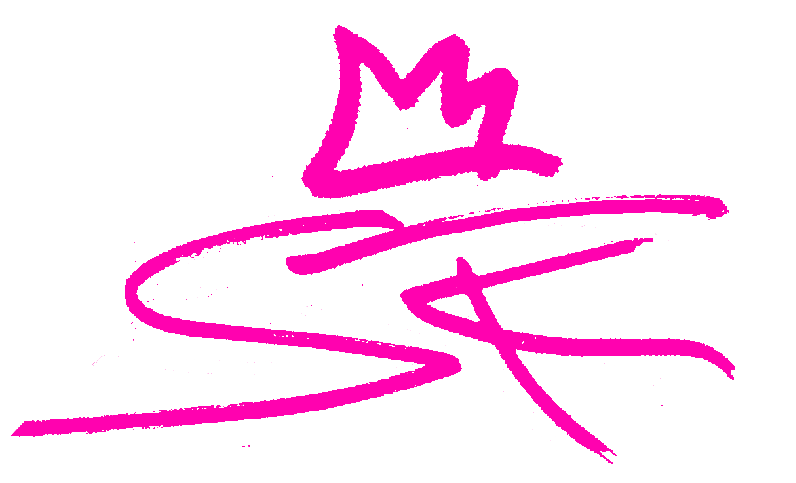 A pink signature with a crown on it on a white background.