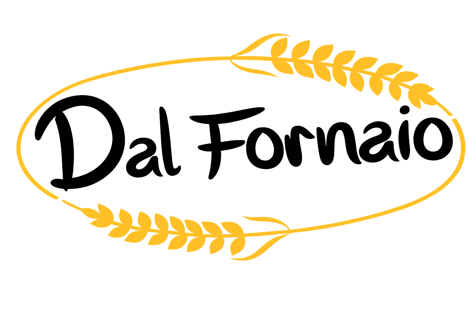 Logo Dal Fornaio con testo in corsivo nero all'interno di un ovale dorato a forma di spiga di grano.
