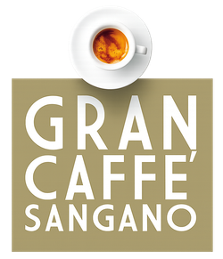 Logo del Gran Caffè Sangano con una tazza di caffè bianca su sfondo beige.