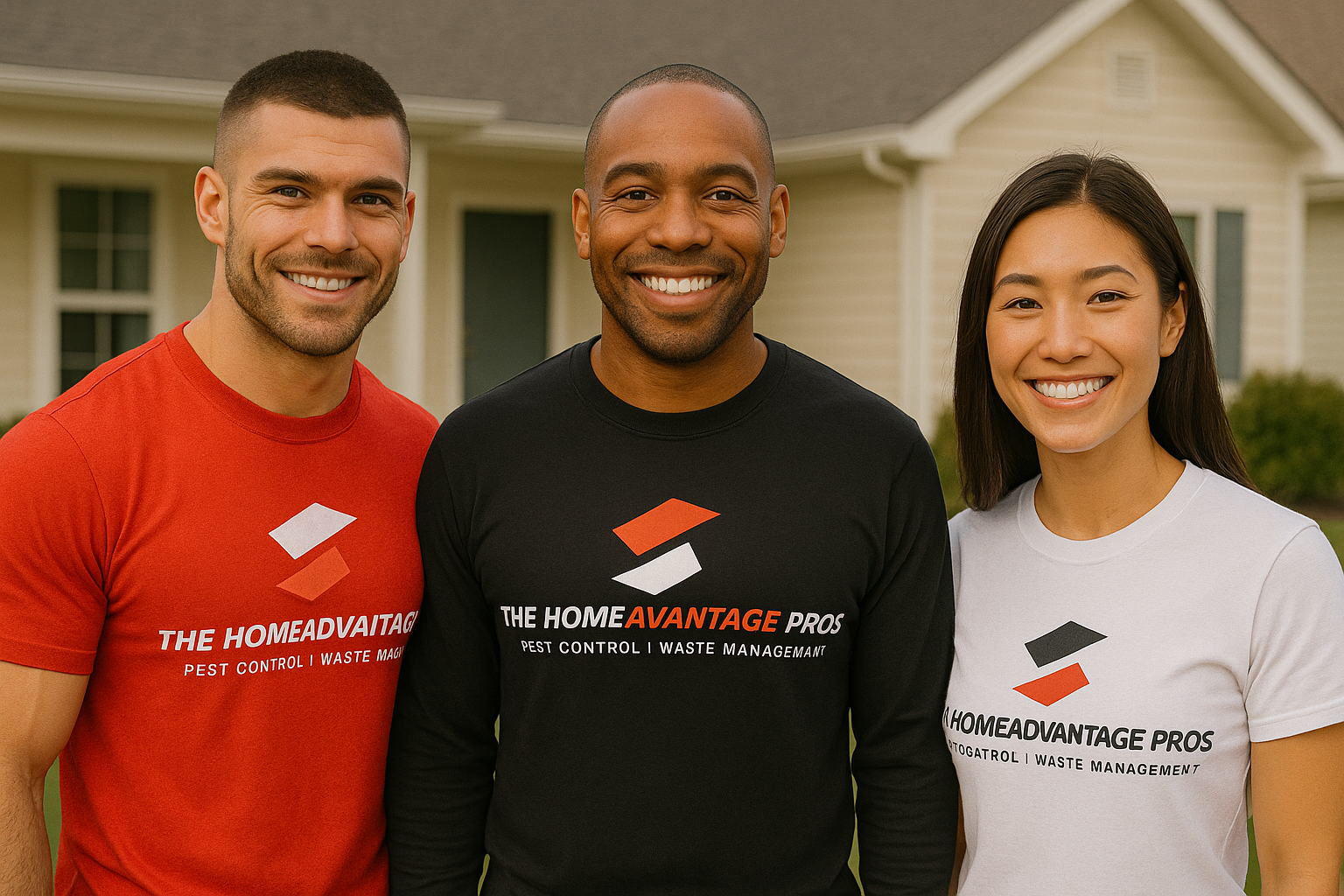 Three smiling volunteers standing outdoors in front of a house, wearing matching campaign T-shirts.