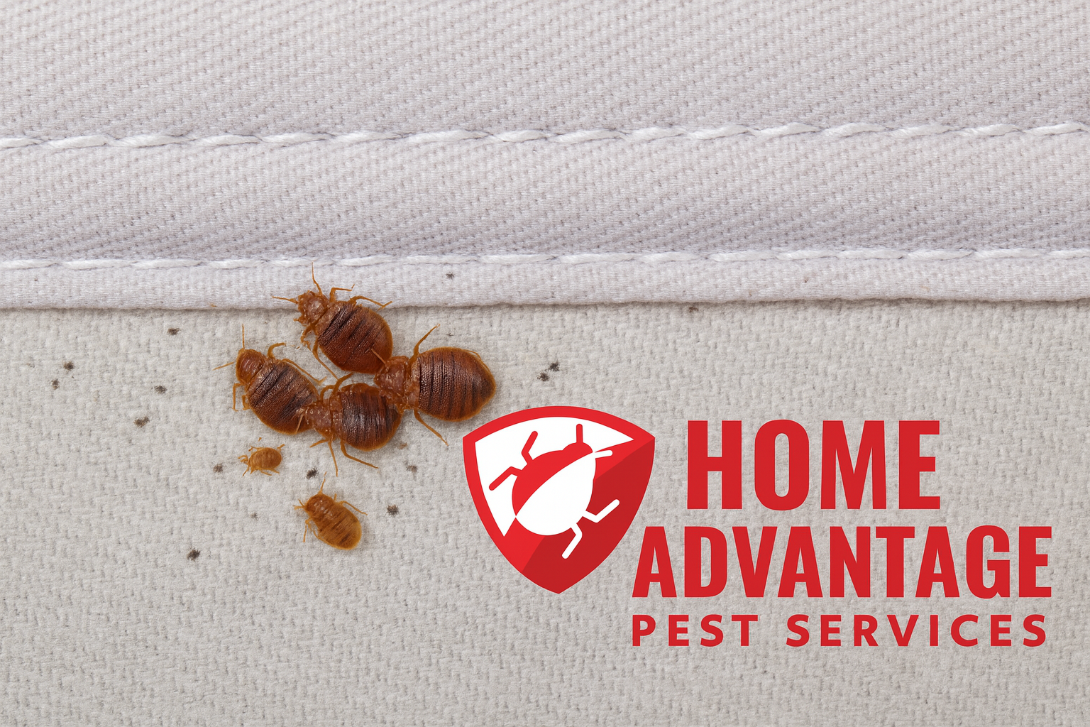 Bed bugs on a white mattress with Home Advantage Pest Services logo.