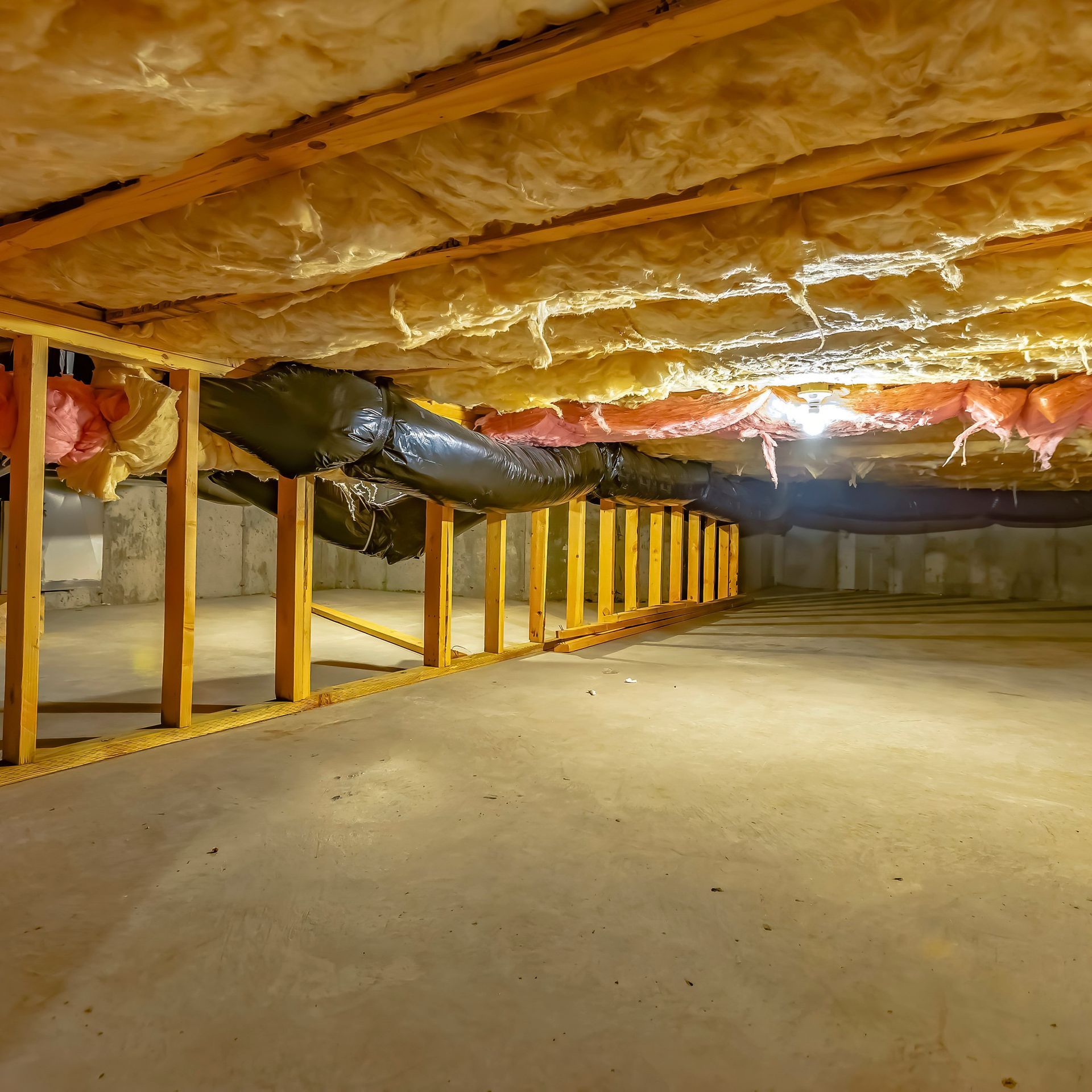 Unfinished basement with exposed insulation, wooden supports, and a concrete floor. Unfinished basement with exposed insulation, wooden supports, and a concrete floor.