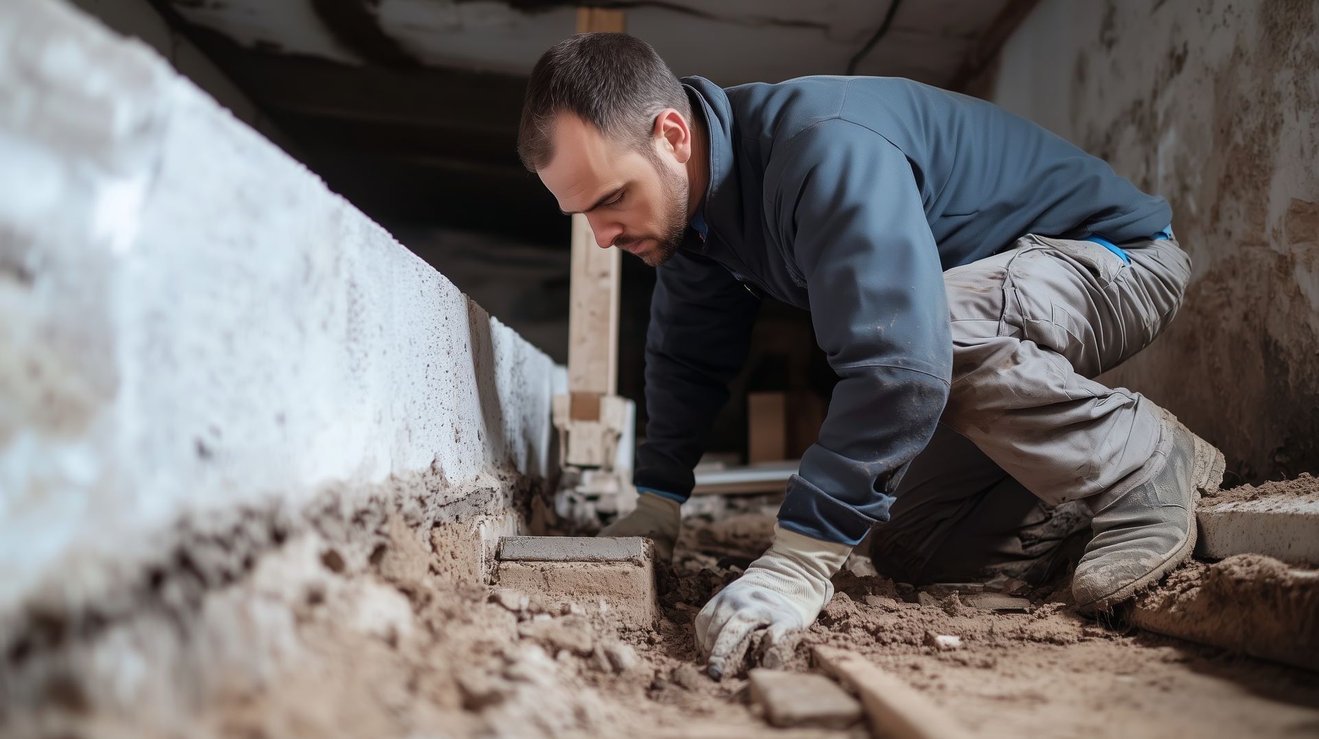 Worker performing excavation and foundation repair