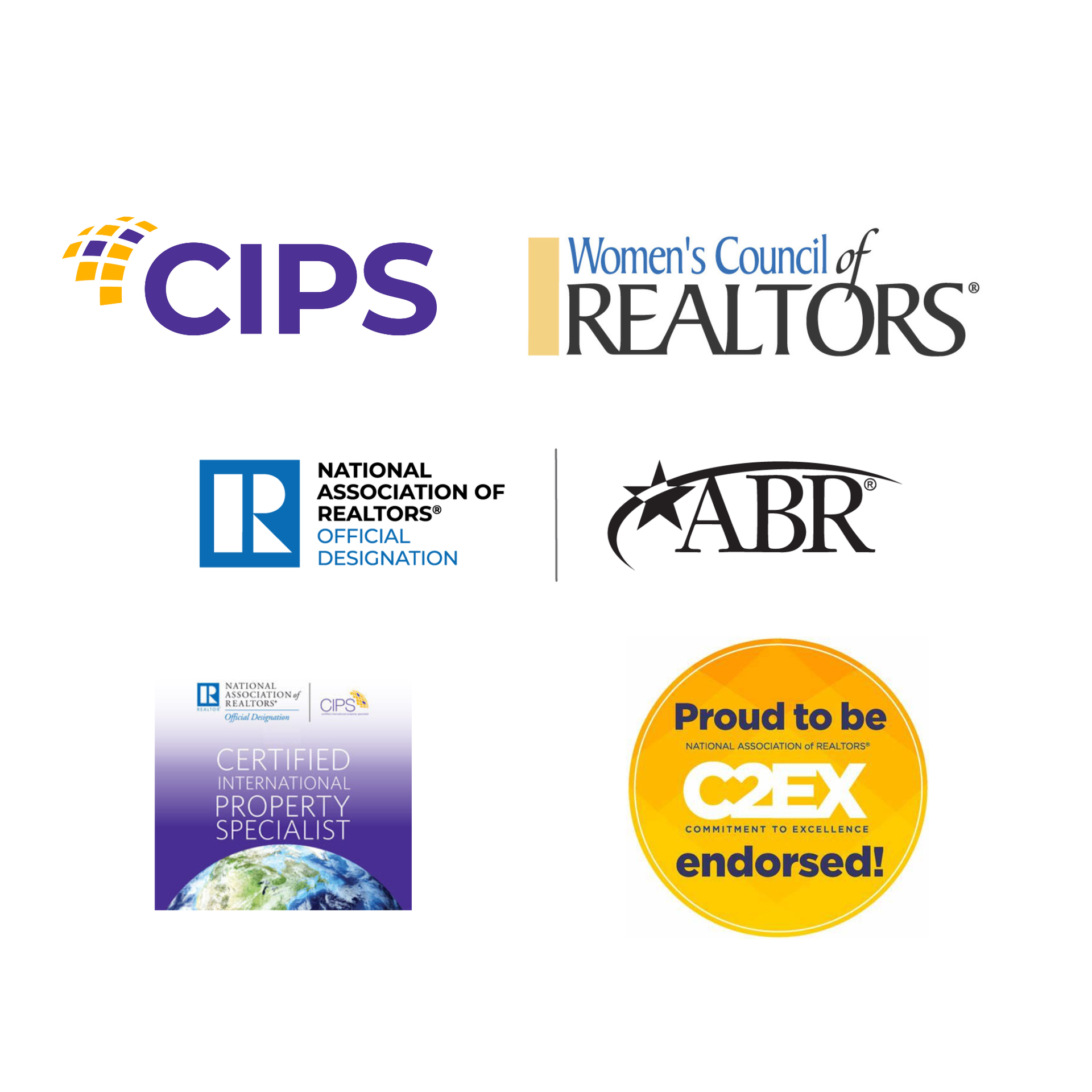 Logos for real estate organizations: CIPS, Women's Council, NAR, ABR, Certified Property Specialist, and C2EX endorsed.