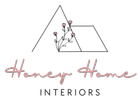 Logo: Geometric shapes and floral design with "Honey Home Interiors" text.